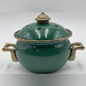 Vintage Small Green Enamel Pot With Brass Handles